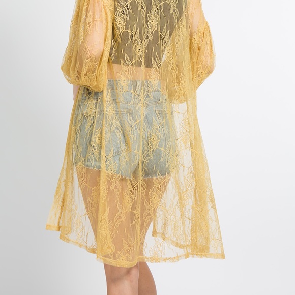 Mustard lace kimono open front midi length - Picture 3 of 7